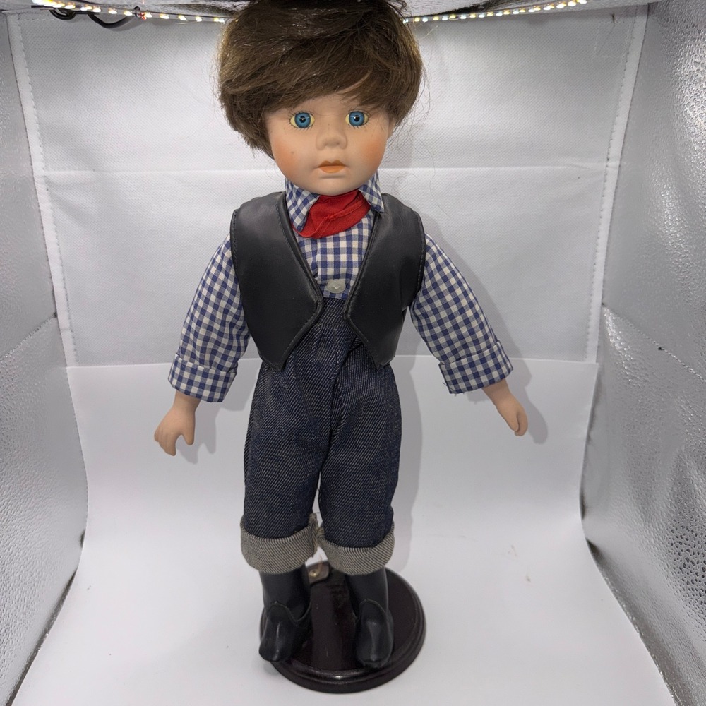 Vintage Boy 18"‎ Porcelain Doll Cowboy Denim Gingham Rustic Americana